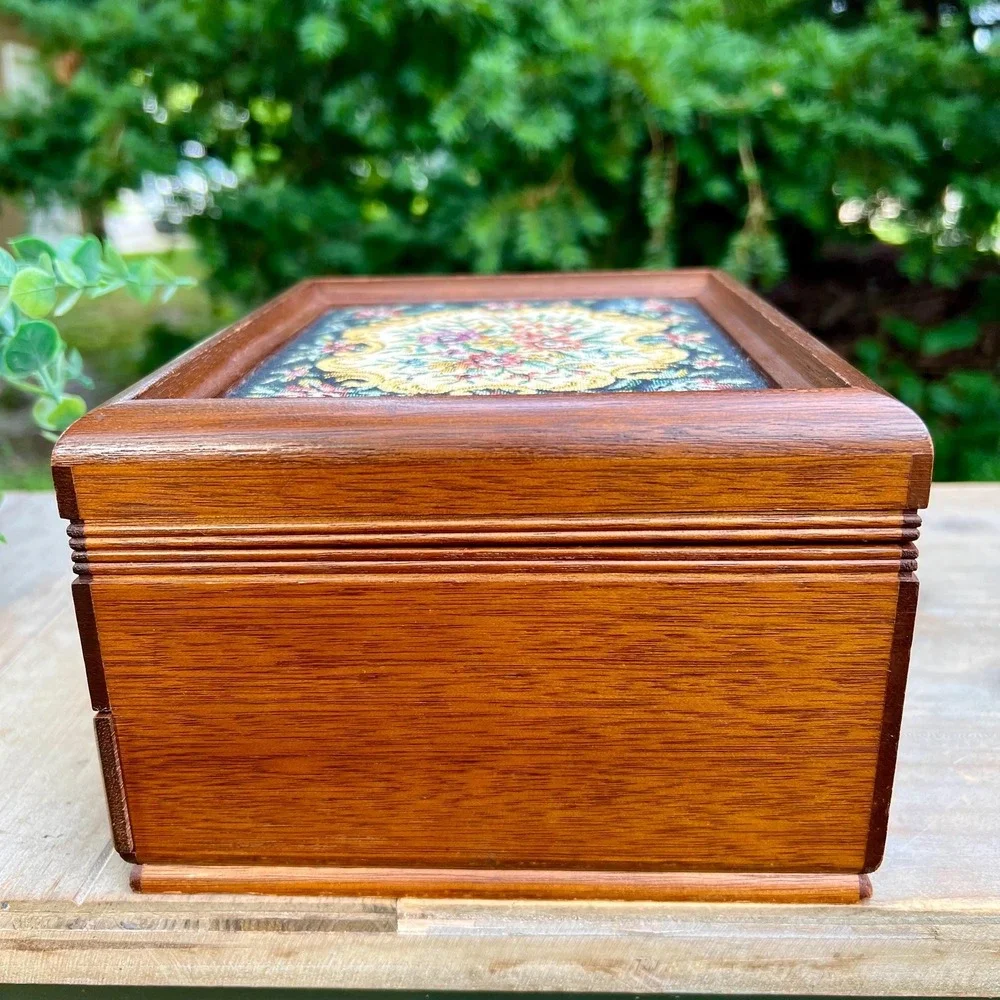 Vintage Floral Tapestry Wood Jewelry Box | Made in Japan